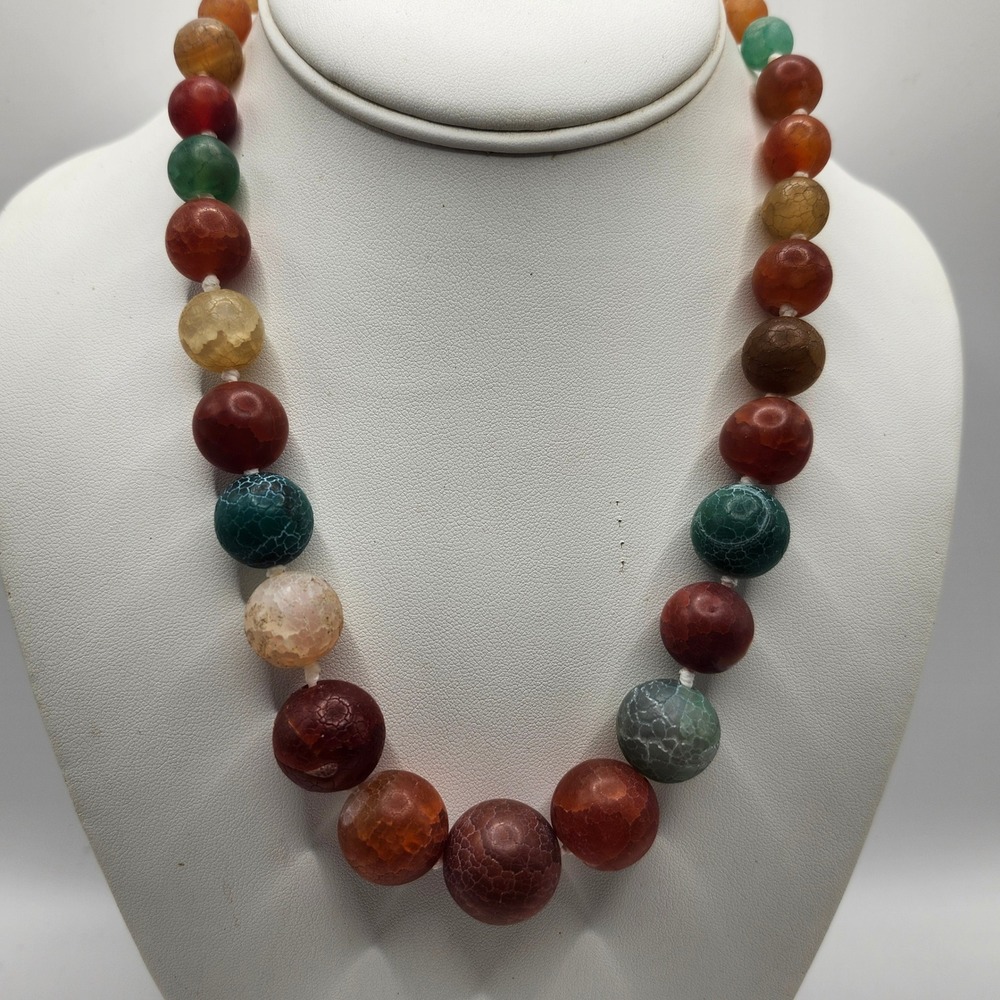 Multicolor Fire Agate? Dragon Vein Round Bead Necklace Silver Tone Spring Clasp